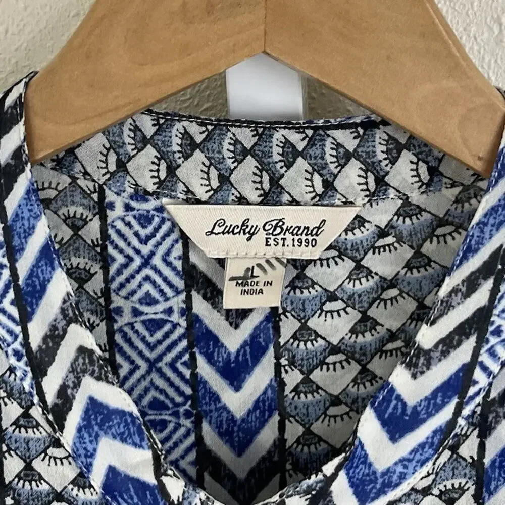 Lucky Brand Mixed Print Beaded Peasant Top Womens L Large Blue Boho Semi Sheer - Picture 3 of 4